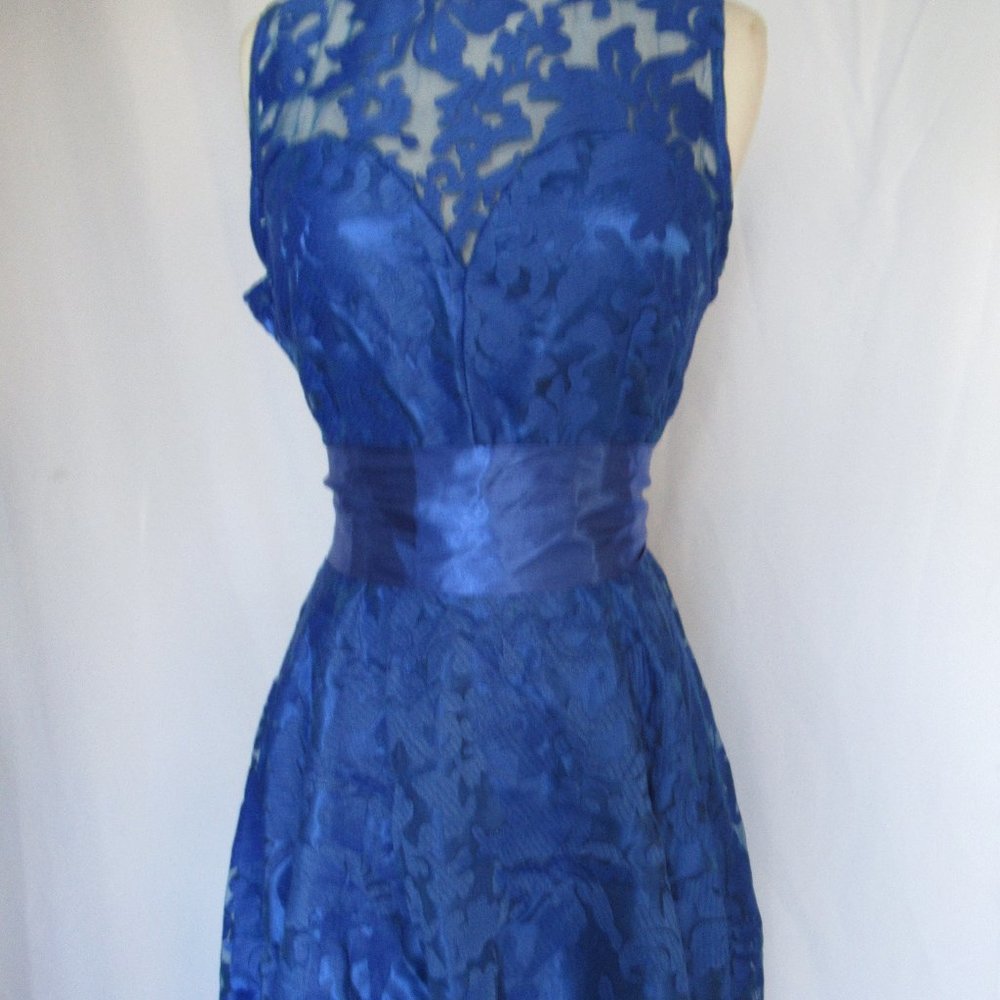 Royal Blue Lace Belted High Low Dress - Picture 5 of 11